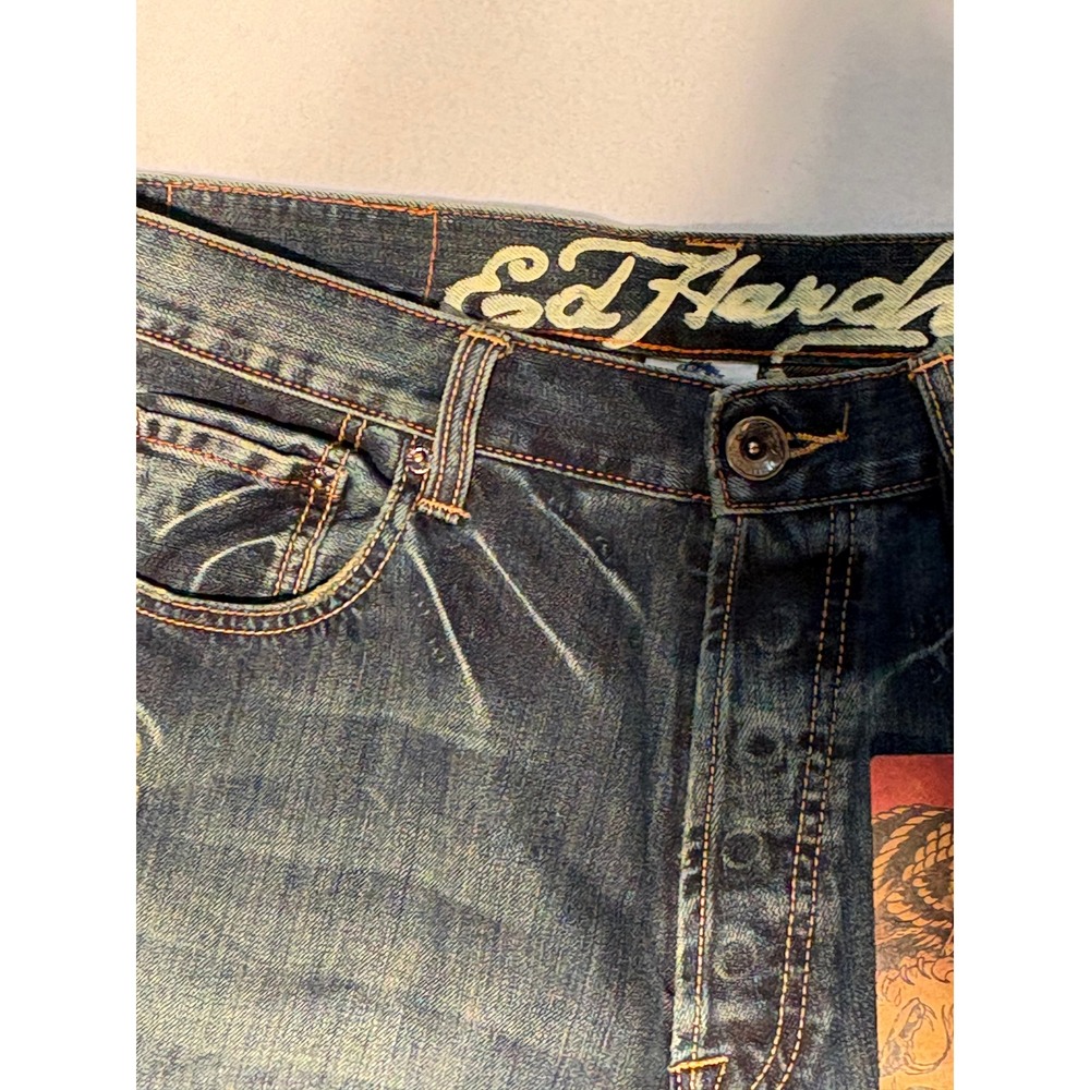 Ed Hardy Mens Distressed Straight Leg Jeans Tattoo Embroidery Dark Wash 36x34 - Picture 6 of 12
